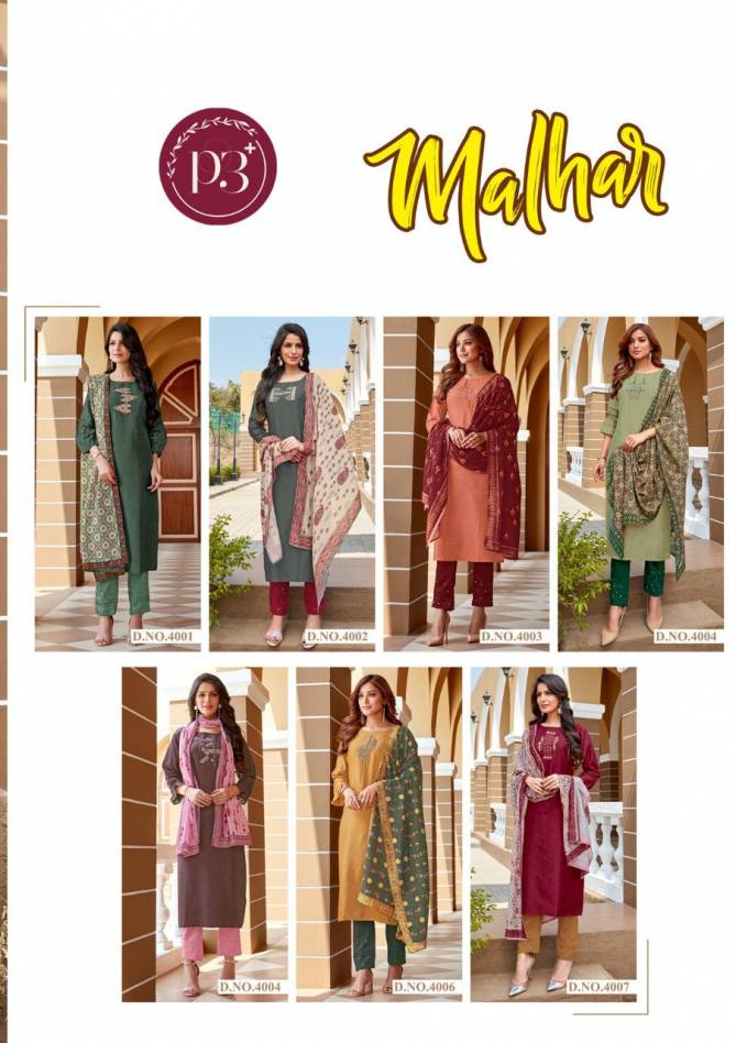 P3 Malhar  Latest Fancy Festive Wear Viscose Silk chex Pattern with Embroidery work With Gotta Patti Hand Work With Full Inner 	Silk Kurti With Bottom Collection 